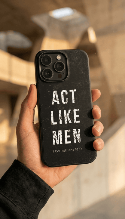 Impact Resistant iPhone Case for Men - Act Like Men (1 Cor 16:13) Design - Tough Cover for iPhone
