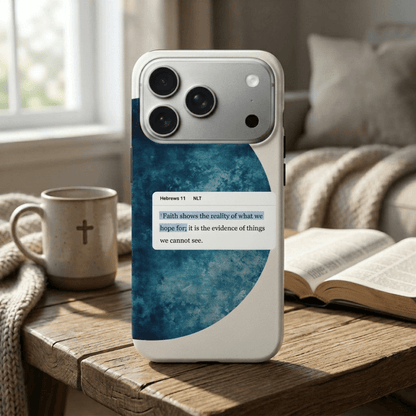 Hebrews 11:1 Protective iPhone Case - Impact Resistant Hard Shell with Scripture Design - For iPhone 15, 16, 17 Pro Max